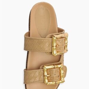 SCHUTZ Tan Woven Double-Buckle Slide Sandal with Gold Buckles